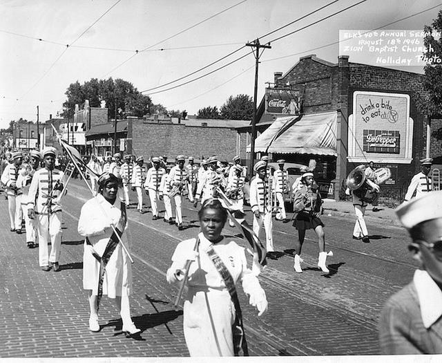 A marching band performs during the Elks Parade